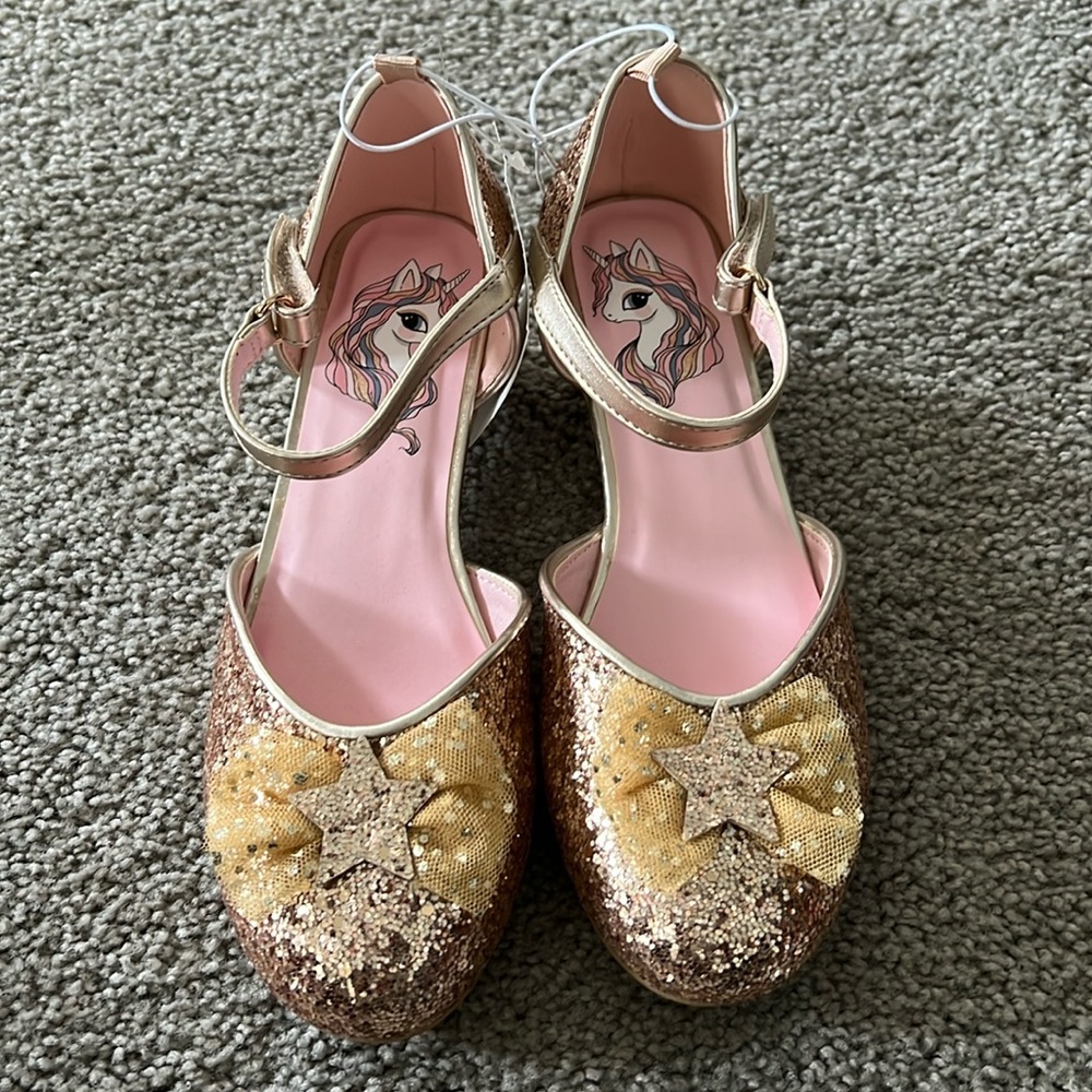 H&M Gold Glitter Unicorn Bow Mary Jane Shoes with Pink Insole
